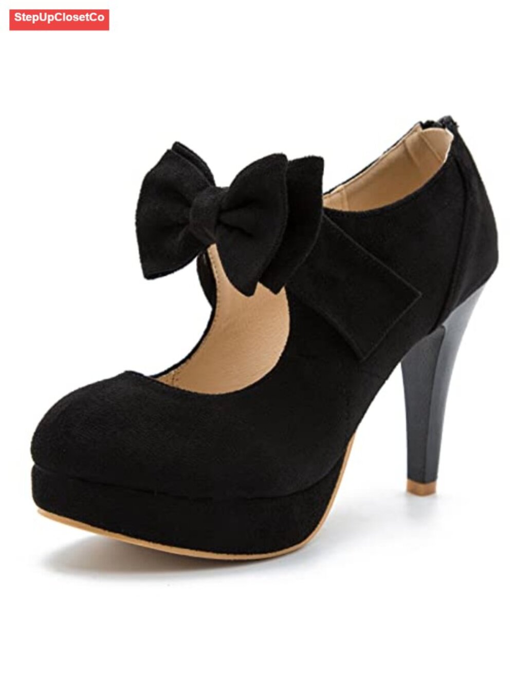 Women's Platform Mary Jane Pumps with Bow, High Heel, Closed Toe, Zip Closure